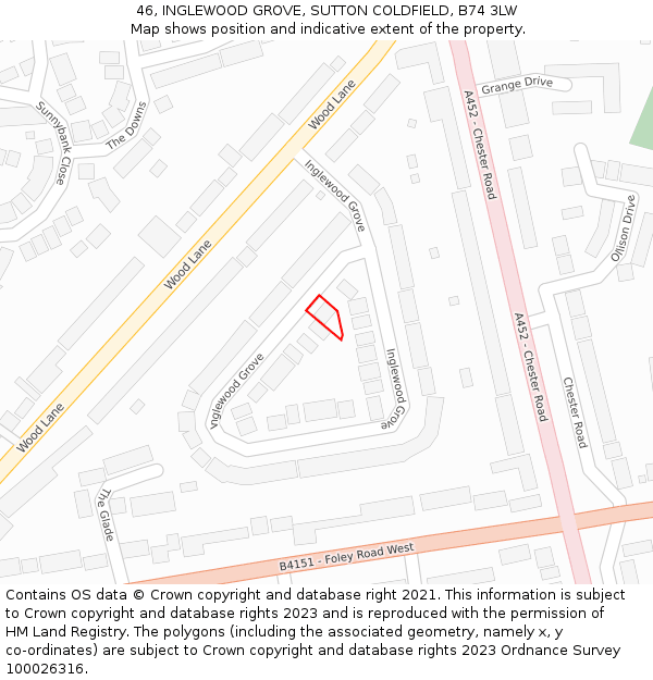 46, INGLEWOOD GROVE, SUTTON COLDFIELD, B74 3LW: Location map and indicative extent of plot