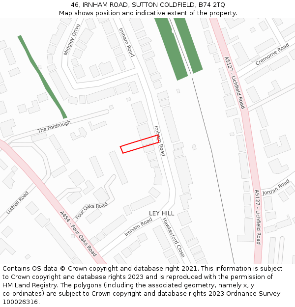 46, IRNHAM ROAD, SUTTON COLDFIELD, B74 2TQ: Location map and indicative extent of plot