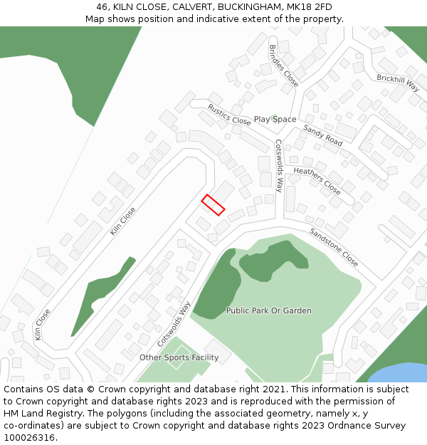 46, KILN CLOSE, CALVERT, BUCKINGHAM, MK18 2FD: Location map and indicative extent of plot