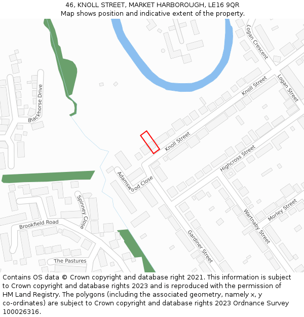 46, KNOLL STREET, MARKET HARBOROUGH, LE16 9QR: Location map and indicative extent of plot