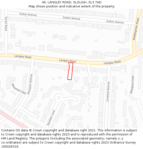 46, LANGLEY ROAD, SLOUGH, SL3 7AD: Location map and indicative extent of plot