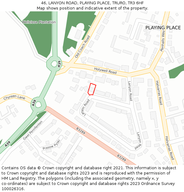 46, LANYON ROAD, PLAYING PLACE, TRURO, TR3 6HF: Location map and indicative extent of plot