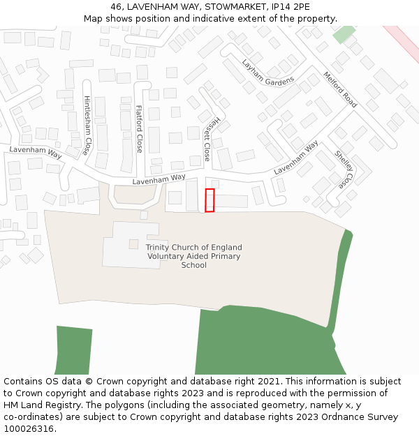 46, LAVENHAM WAY, STOWMARKET, IP14 2PE: Location map and indicative extent of plot