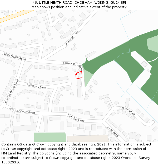 46, LITTLE HEATH ROAD, CHOBHAM, WOKING, GU24 8RJ: Location map and indicative extent of plot
