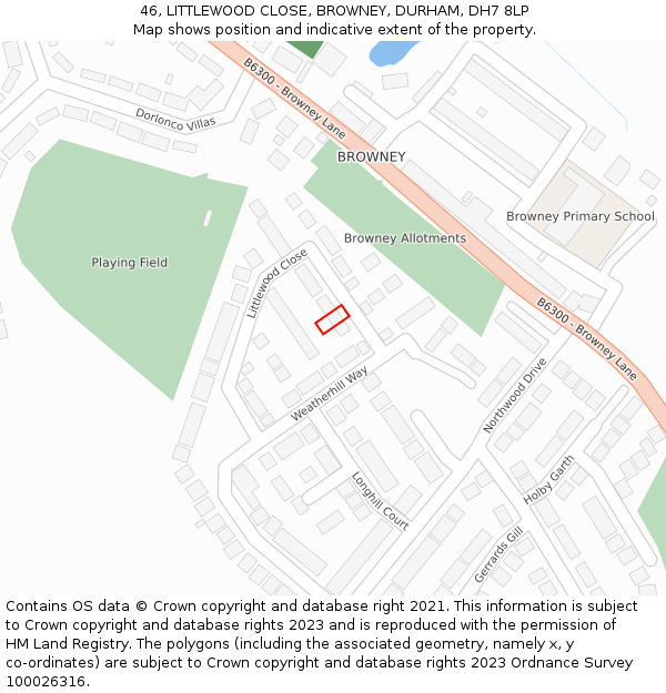 46, LITTLEWOOD CLOSE, BROWNEY, DURHAM, DH7 8LP: Location map and indicative extent of plot