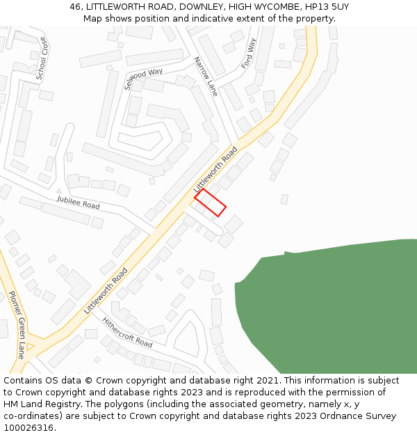 46, LITTLEWORTH ROAD, DOWNLEY, HIGH WYCOMBE, HP13 5UY: Location map and indicative extent of plot