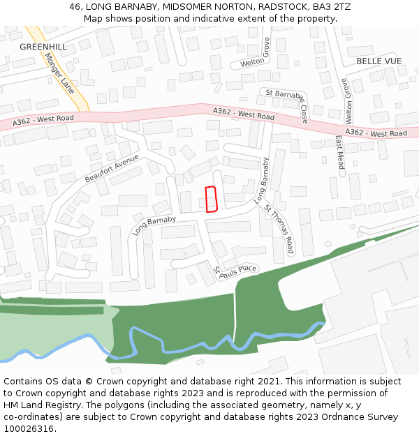 46, LONG BARNABY, MIDSOMER NORTON, RADSTOCK, BA3 2TZ: Location map and indicative extent of plot