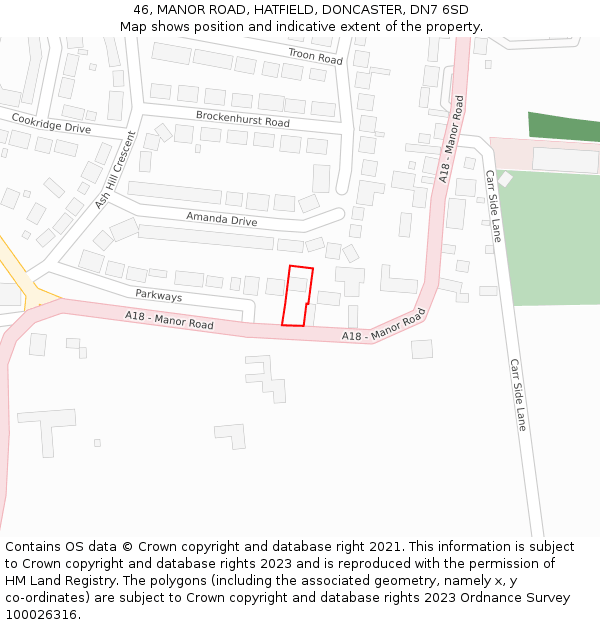 46, MANOR ROAD, HATFIELD, DONCASTER, DN7 6SD: Location map and indicative extent of plot
