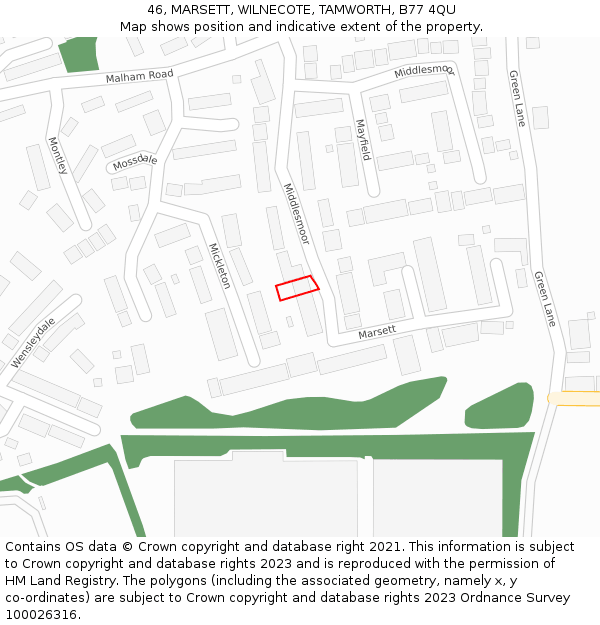 46, MARSETT, WILNECOTE, TAMWORTH, B77 4QU: Location map and indicative extent of plot