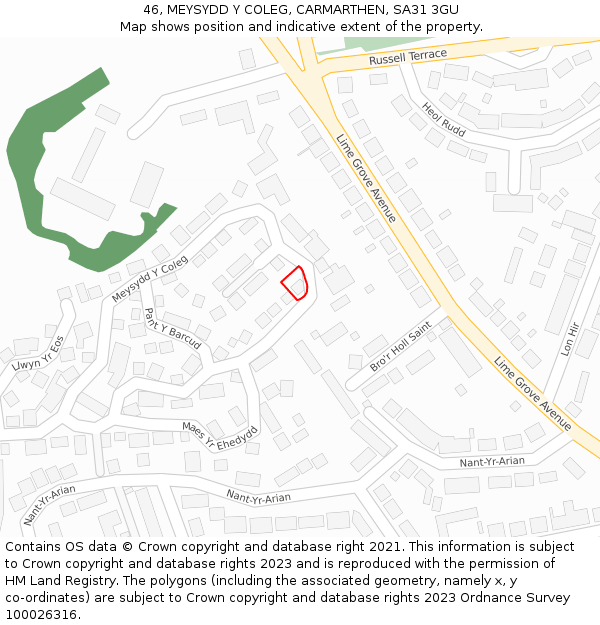 46, MEYSYDD Y COLEG, CARMARTHEN, SA31 3GU: Location map and indicative extent of plot