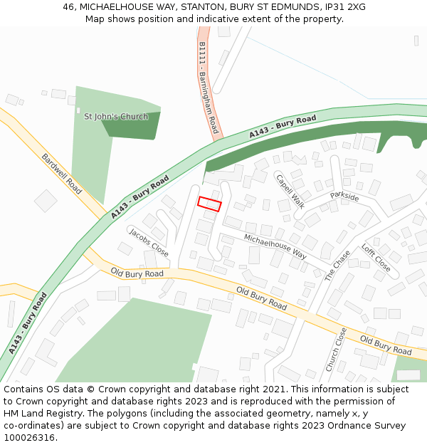 46, MICHAELHOUSE WAY, STANTON, BURY ST EDMUNDS, IP31 2XG: Location map and indicative extent of plot