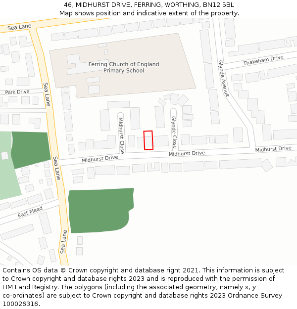 46, MIDHURST DRIVE, FERRING, WORTHING, BN12 5BL: Location map and indicative extent of plot