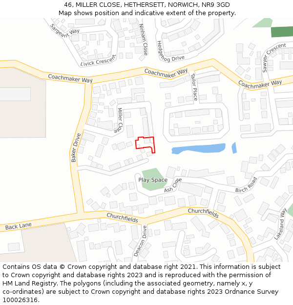 46, MILLER CLOSE, HETHERSETT, NORWICH, NR9 3GD: Location map and indicative extent of plot
