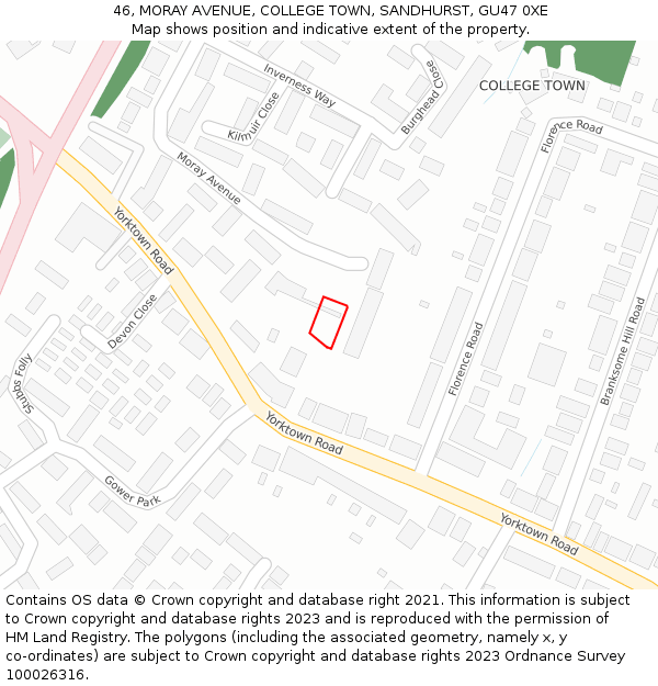 46, MORAY AVENUE, COLLEGE TOWN, SANDHURST, GU47 0XE: Location map and indicative extent of plot