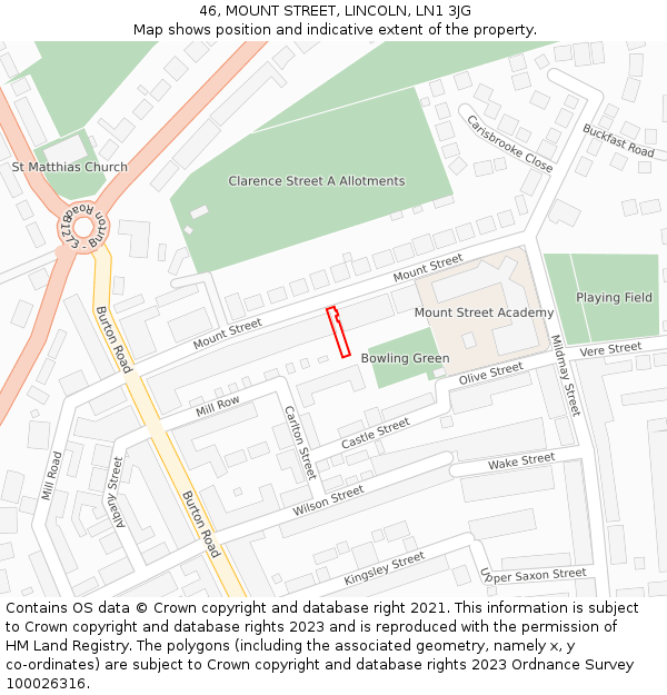 46, MOUNT STREET, LINCOLN, LN1 3JG: Location map and indicative extent of plot