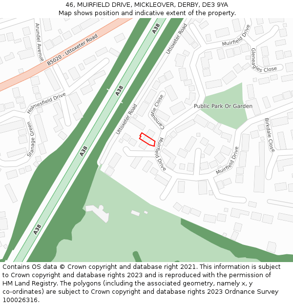 46, MUIRFIELD DRIVE, MICKLEOVER, DERBY, DE3 9YA: Location map and indicative extent of plot