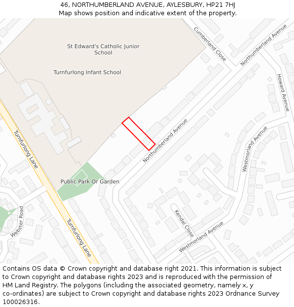 46, NORTHUMBERLAND AVENUE, AYLESBURY, HP21 7HJ: Location map and indicative extent of plot