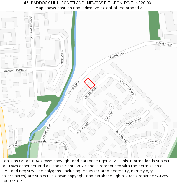 46, PADDOCK HILL, PONTELAND, NEWCASTLE UPON TYNE, NE20 9XL: Location map and indicative extent of plot
