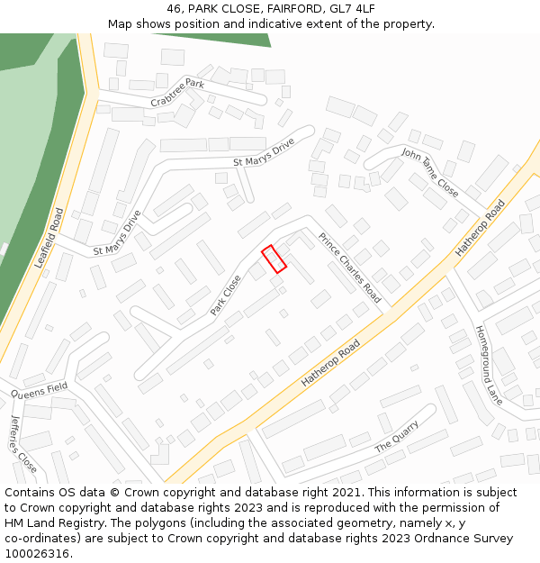 46, PARK CLOSE, FAIRFORD, GL7 4LF: Location map and indicative extent of plot