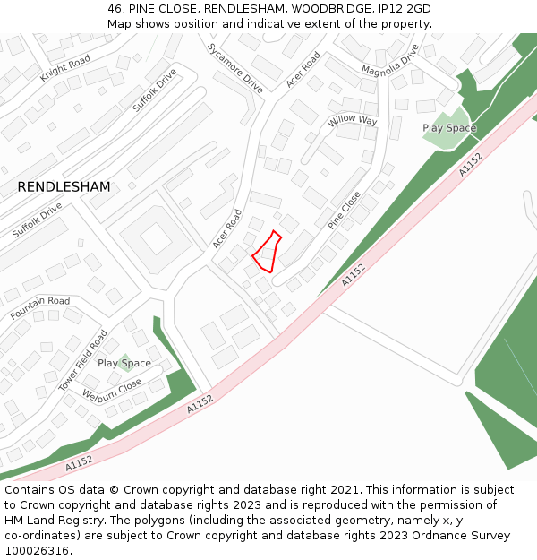 46, PINE CLOSE, RENDLESHAM, WOODBRIDGE, IP12 2GD: Location map and indicative extent of plot