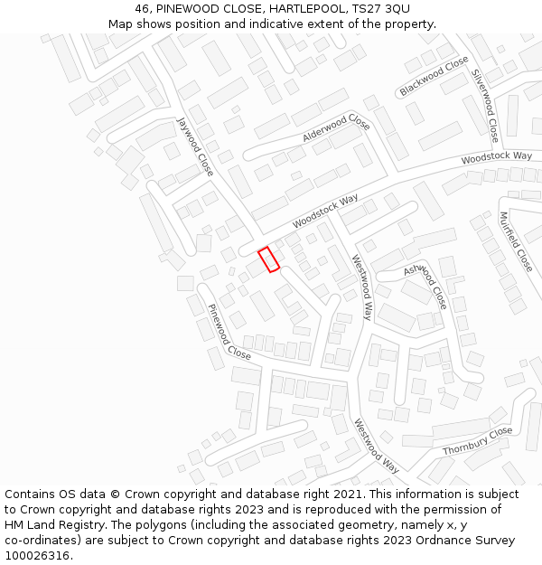 46, PINEWOOD CLOSE, HARTLEPOOL, TS27 3QU: Location map and indicative extent of plot