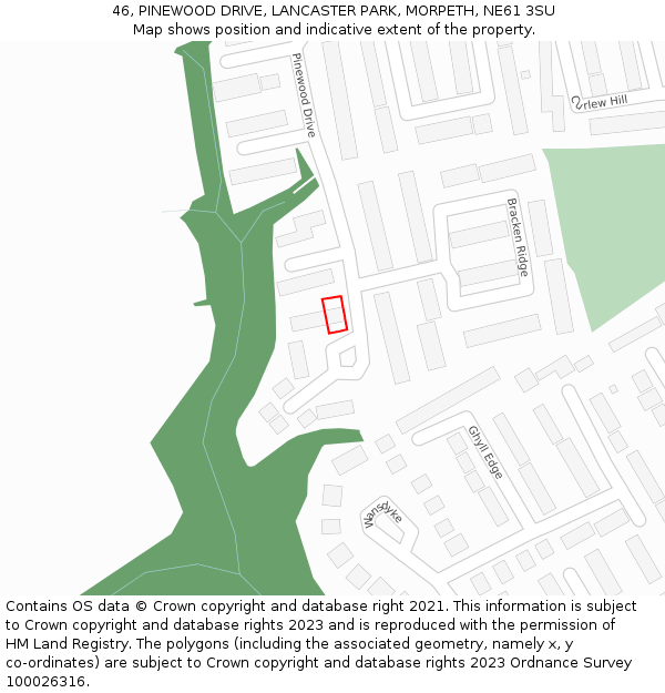 46, PINEWOOD DRIVE, LANCASTER PARK, MORPETH, NE61 3SU: Location map and indicative extent of plot