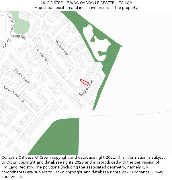 46, PIPISTRELLE WAY, OADBY, LEICESTER, LE2 4QA: Location map and indicative extent of plot
