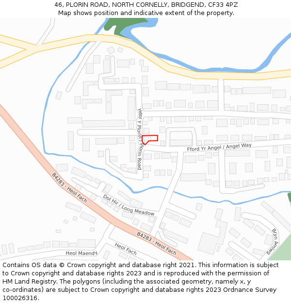 46, PLORIN ROAD, NORTH CORNELLY, BRIDGEND, CF33 4PZ: Location map and indicative extent of plot