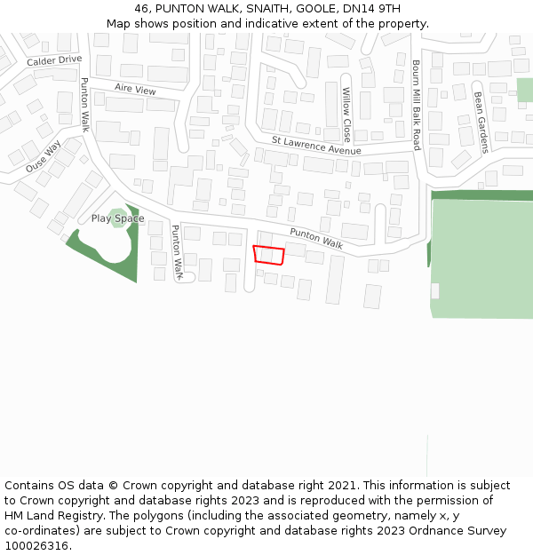 46, PUNTON WALK, SNAITH, GOOLE, DN14 9TH: Location map and indicative extent of plot