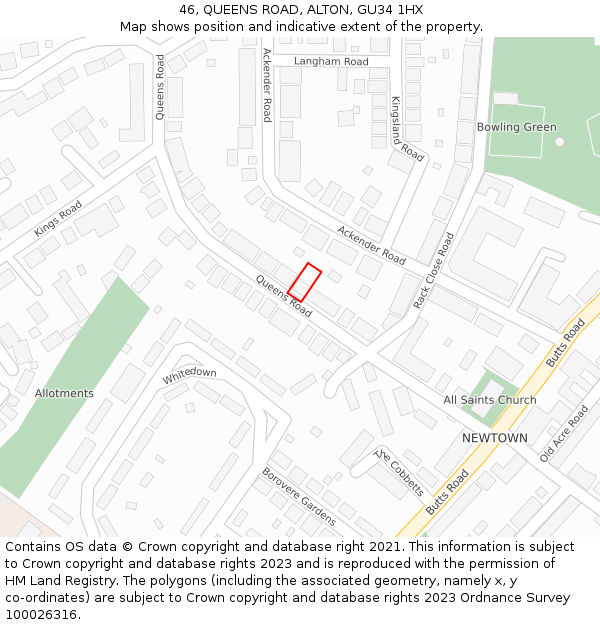 46, QUEENS ROAD, ALTON, GU34 1HX: Location map and indicative extent of plot