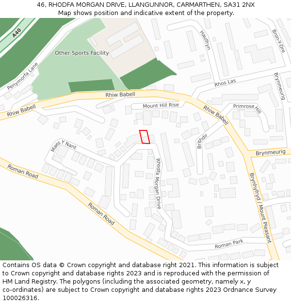 46, RHODFA MORGAN DRIVE, LLANGUNNOR, CARMARTHEN, SA31 2NX: Location map and indicative extent of plot