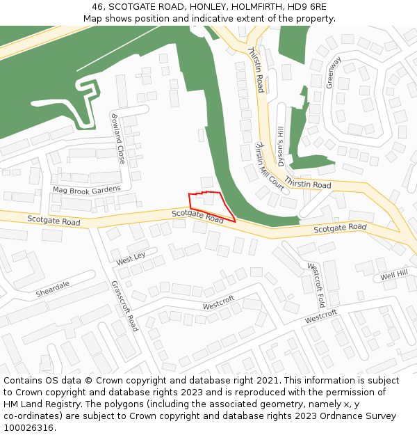 46, SCOTGATE ROAD, HONLEY, HOLMFIRTH, HD9 6RE: Location map and indicative extent of plot