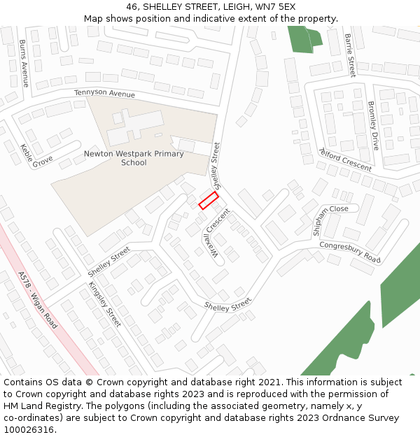 46, SHELLEY STREET, LEIGH, WN7 5EX: Location map and indicative extent of plot
