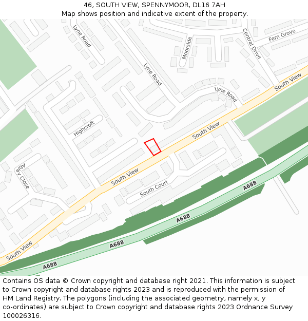 46, SOUTH VIEW, SPENNYMOOR, DL16 7AH: Location map and indicative extent of plot