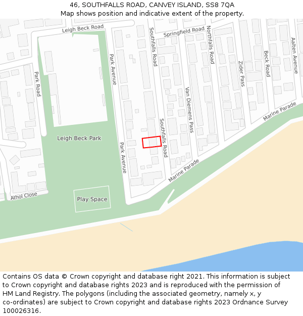 46, SOUTHFALLS ROAD, CANVEY ISLAND, SS8 7QA: Location map and indicative extent of plot