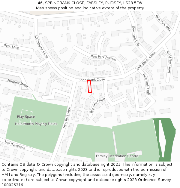 46, SPRINGBANK CLOSE, FARSLEY, PUDSEY, LS28 5EW: Location map and indicative extent of plot