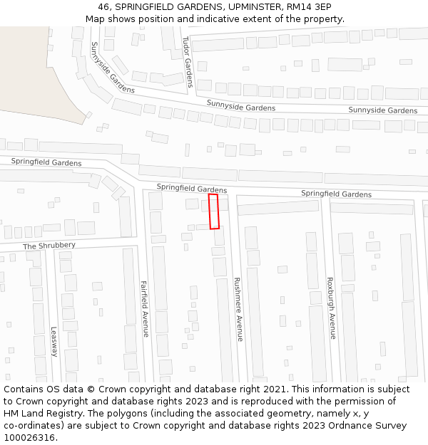 46, SPRINGFIELD GARDENS, UPMINSTER, RM14 3EP: Location map and indicative extent of plot