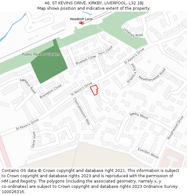 46, ST KEVINS DRIVE, KIRKBY, LIVERPOOL, L32 1BJ: Location map and indicative extent of plot