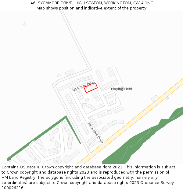 46, SYCAMORE DRIVE, HIGH SEATON, WORKINGTON, CA14 1NG: Location map and indicative extent of plot