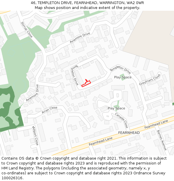46, TEMPLETON DRIVE, FEARNHEAD, WARRINGTON, WA2 0WR: Location map and indicative extent of plot