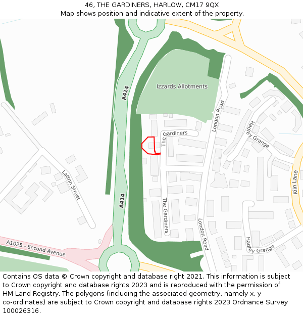 46, THE GARDINERS, HARLOW, CM17 9QX: Location map and indicative extent of plot
