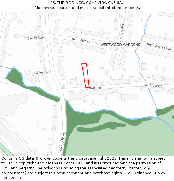 46, THE RIDDINGS, COVENTRY, CV5 6AU: Location map and indicative extent of plot
