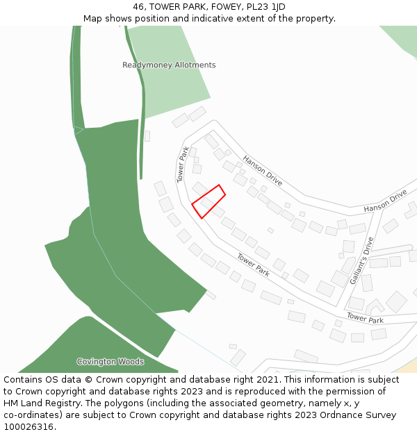46, TOWER PARK, FOWEY, PL23 1JD: Location map and indicative extent of plot
