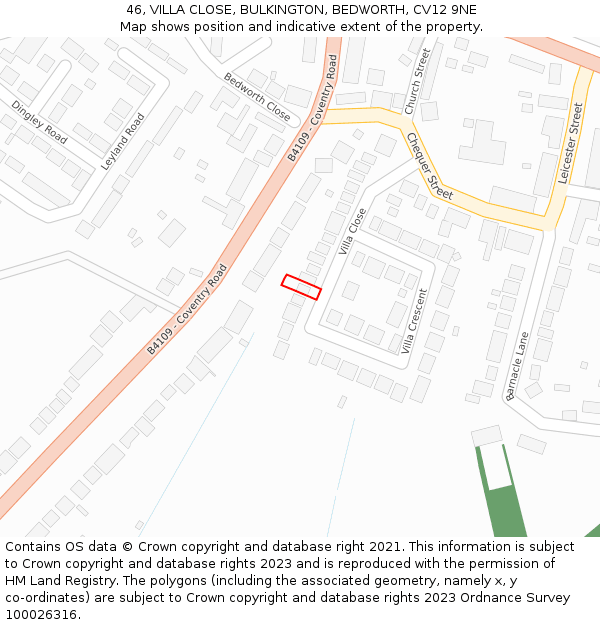46, VILLA CLOSE, BULKINGTON, BEDWORTH, CV12 9NE: Location map and indicative extent of plot