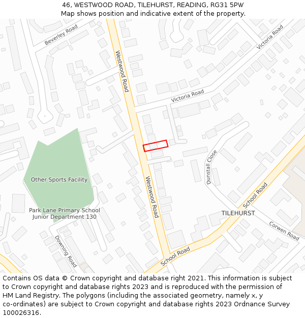46, WESTWOOD ROAD, TILEHURST, READING, RG31 5PW: Location map and indicative extent of plot