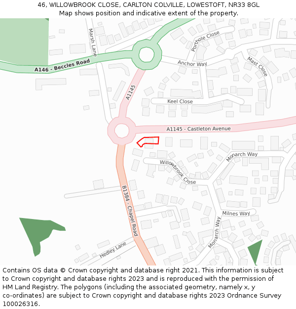 46, WILLOWBROOK CLOSE, CARLTON COLVILLE, LOWESTOFT, NR33 8GL: Location map and indicative extent of plot