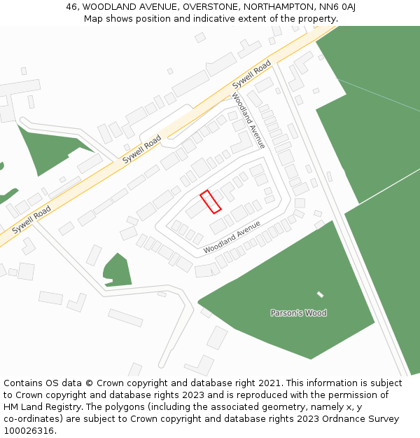 46, WOODLAND AVENUE, OVERSTONE, NORTHAMPTON, NN6 0AJ: Location map and indicative extent of plot
