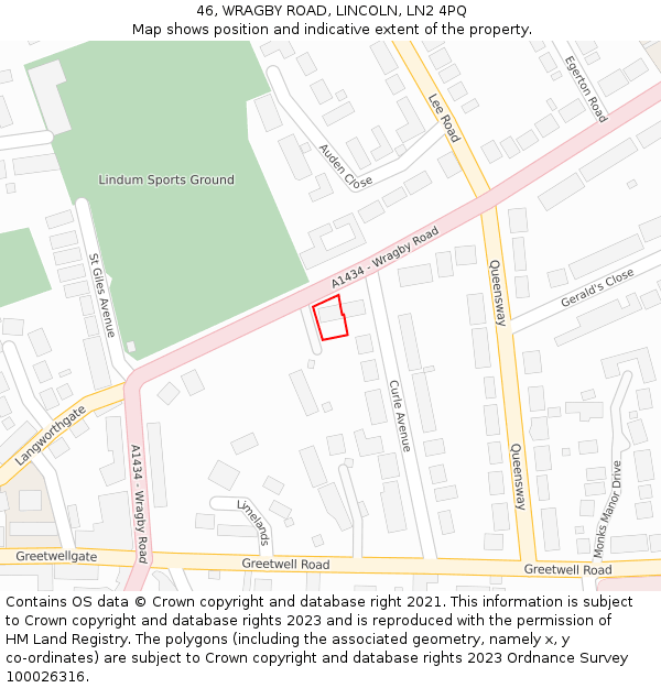 46, WRAGBY ROAD, LINCOLN, LN2 4PQ: Location map and indicative extent of plot
