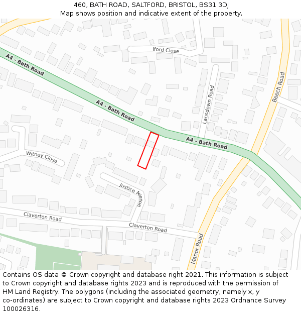 460, BATH ROAD, SALTFORD, BRISTOL, BS31 3DJ: Location map and indicative extent of plot