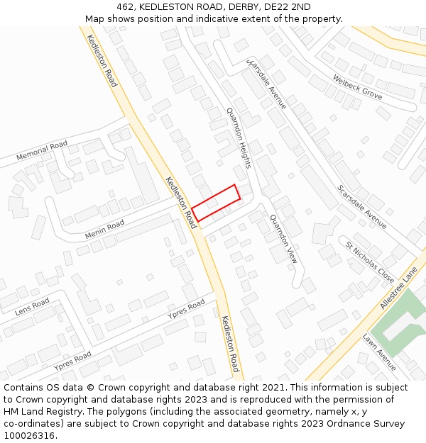 462, KEDLESTON ROAD, DERBY, DE22 2ND: Location map and indicative extent of plot
